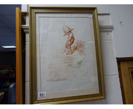 Vintage humorous French etching boy with frog inscribed