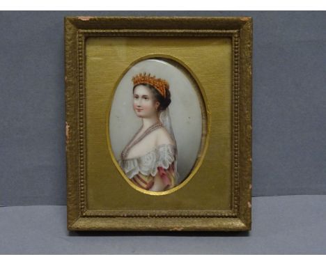Framed miniature portrait painting of a 19th century lady wearing tiara 