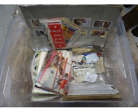 Box of mixed ephemera to include cigarette cards and tea cards plus vintage match books