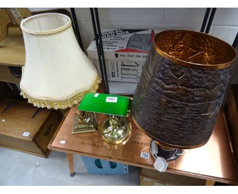 Desk Lamp with Green Glass Shade together with a Brass Table Lamp