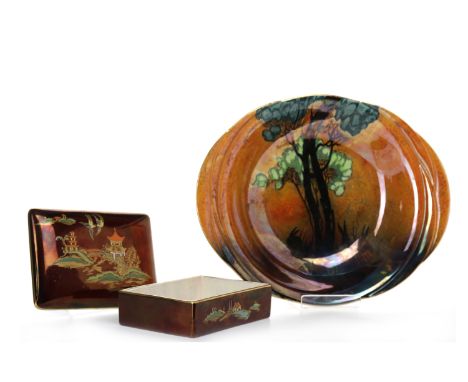 CARLTON WARE 'RABBITS AT DAWN' PATTERN BOWLof oval form with shaped handles, decorated with poplar trees on an orange lustre 