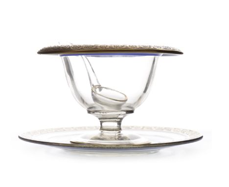 MID-2OTH CENTURY GLASS CAVIAR BOWL, LADLE AND STANDthe bowl of footed bell form with flared rim, the bowl and stand both deco