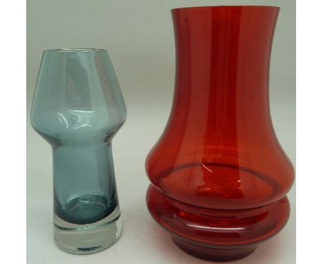 Two Finnish Riihimaki vases, one miniature rocket vase in teal by Aimo Okkolin, model 1436, signed and ruby red vase by Tamar