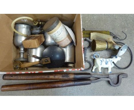 Assorted items including horse docking iron, a bull lead ring, calcium carbide lamp, Victorian chemist's equipment, a Salter 