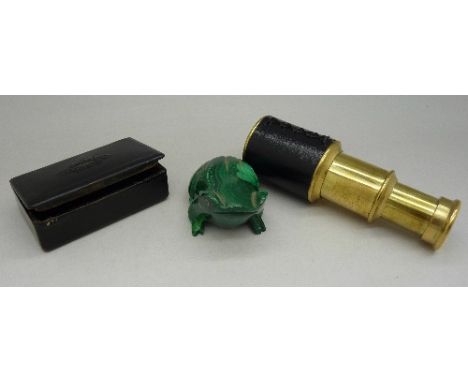 A small telescope, papier mache snuff box and a malachite toad