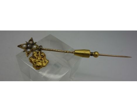 A gold, diamond and pearl stick pin with gold nugget drop, weight 6.1g