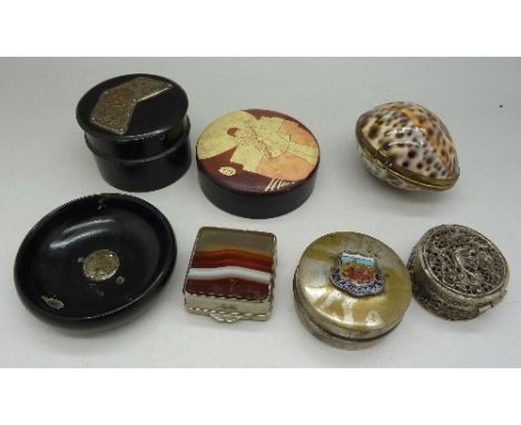 Five trinket boxes including silver mounted and shell, and a small dish