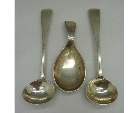 A silver caddy spoon, Birmingham 1911 by George Unite and two George III silver mustard spoons