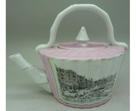 A German made teapot with image of Nottingham Old Market Square, crack to handle, height 13.5cm