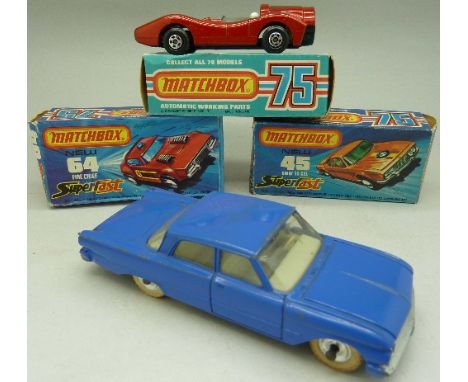 Three boxed Matchbox model vehicles, two Superfast and one Rolamatics and a Dinky Toys Ford Fairlane, 148