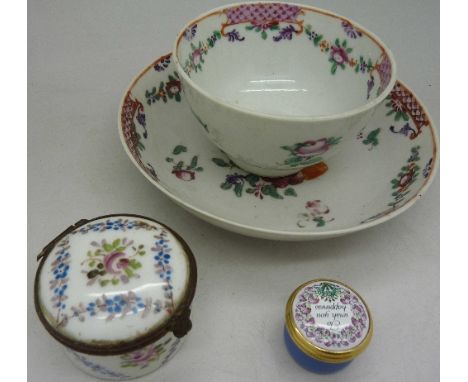 A Chinese tea bowl and saucer, a patch box and an enamel pill box