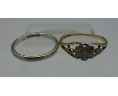 An 18ct gold and diamond ring, a/f, weight 2g and a platinum wedding ring, weight 2.7g, sizes L and K