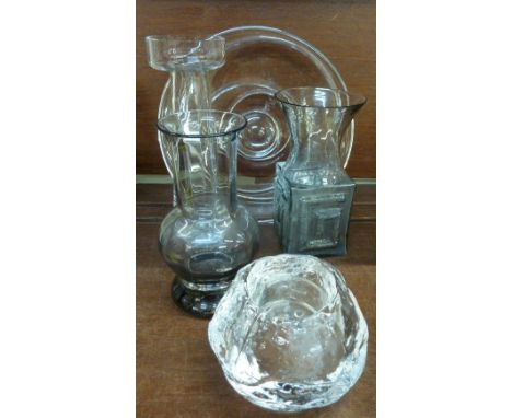 A Kota Boda glass snowball tea light, a Jasper Conran for Stuart glass dish, a Dartington glass vase, a Frank Thrower for Wed