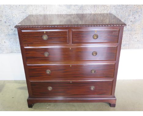A circa 1900s mahogany two over three chest of drawers on bracket feet, 97cm tall x 99cm x 49cm - in restored polished condit