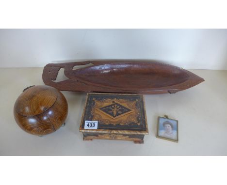 A South Pacific ceremonial bowl 57cm long and A Sorrento music box, an oak tea caddy and miniature of a  woman 
