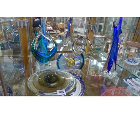 A collection of five pieces of studio glass including 'Axe Head' single stem vase, g Muir, one piece has chip to base 