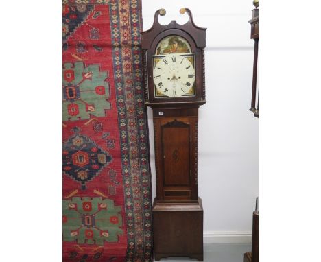 A 19th century oak and mahogany 8 day longcase clock with a painted 13 inch dial, no weights or pendulum, needs some restorat