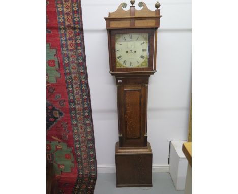 A 19th century oak and mahogany 8 day longcase clock with a painted 12 inch dial, no weights or pendulum, needs some restorat