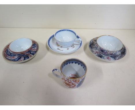 Three Chinese 18th century tea-bowls and saucers together with a coffee can, pseudo Heissen mark to one bowl, condition, very