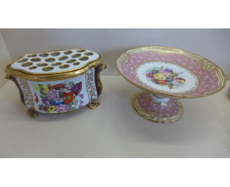 A 19th century floral and feather decorated bough pot and a floral decorated chamberlain, Worcester tazza 12cm tall, tazza ge