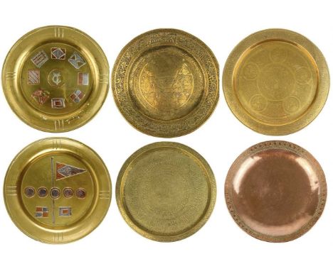 Two Persian brass trays, 19th century. Each with calligraphy filled cartouches, diameters 31.5cm and 30.5cm, a Persian brass 