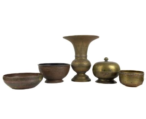 Two Persian tinned copper bowls, 19th century. Largest height 9cm, diameter 17cm, an 18th century bronze bowl and cover, heig