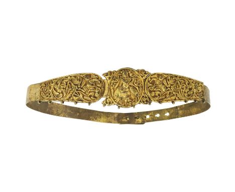 An Indian gilt metal belt, 19th century. With dieties amongst scrolling foliage, largest size 24 x 26cm.The West Cornwall ven