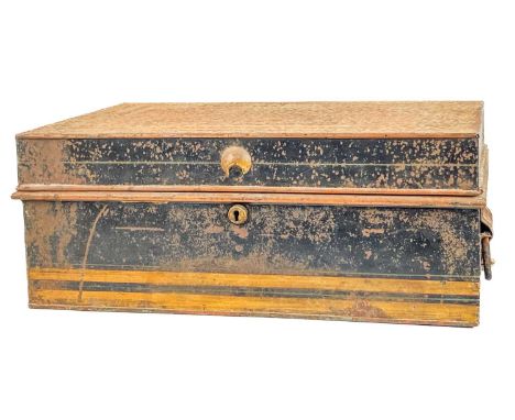 An Indian steel cash box, early 20th century. With attached paper label to underside of lid, inscribed 'The Allahabad Stell T