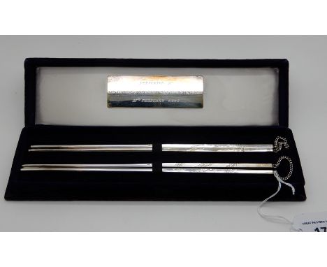 Two pairs of sterling silver chopsticks in box with plaque inscribed "Presented by the Brethren of The District Grand Lodge o