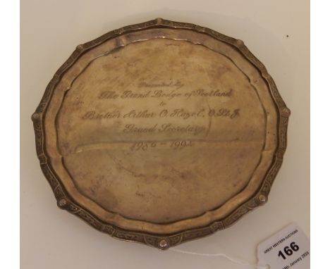 A silver presentation card tray by C J Vander &amp; Co., Sheffield 1992, circular with Celtic decorated edge on three pad fee