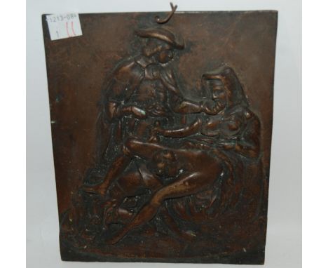 Two gilt-bronze plaques decorated with erotic scenes, 18 x 15cm, travel clock and Danish carved elephant Condition Report: Av