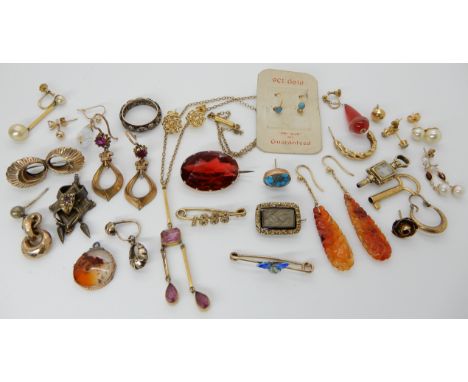A Murrle Bennet enamelled brooch, a pair of yellow metal mounted carved carnelian drop earrings, 9ct carded vintage earrings 