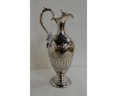 A silver plated claret jug with Greek key and foliate engraved decoration, 34cm high Condition Report: Available upon request