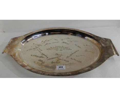 A silver plated presentation serving tray inscribed and bearing signatures, 53cm across the integral handles Condition Report