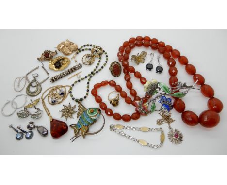 A string of amber beads, large silver and enamel flower brooch, fish pendant and other items Condition Report: Not available 
