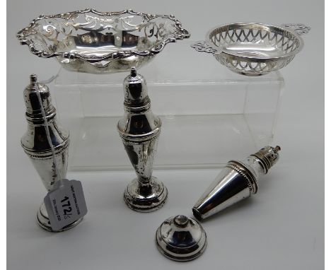 A lot comprising three sterling silver pepperettes (one def), a sterling silver bon bon dish and a small quaich bowl, Birming