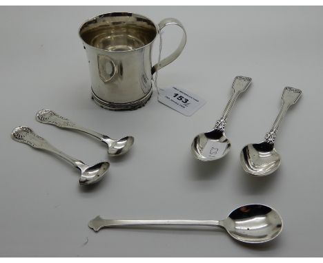 A lot comprising a sterling silver christening mug, two silver teaspoons, two silver mustard spoons and another spoon (6), 27