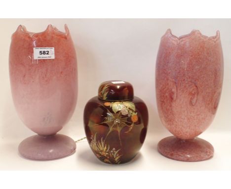 Two pink Vasart glass tulip lamps and a Carlton Ware Spiders Web ginger jar Condition Report: Both Vasart pieces are in nice 