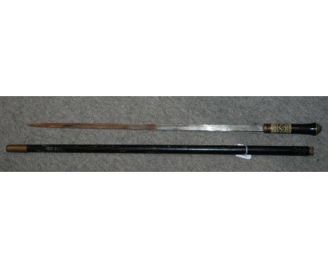 A Victorian ebony and inlaid sword stick, 90cm long overall, blade 61cm Condition Report: Available upon request