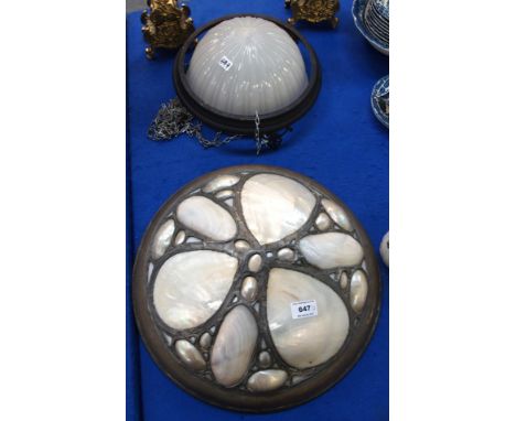 An Arts and Crafts mother of pearl and white glass leaded ceiling light, together with a milk glass ceiling light Condition R
