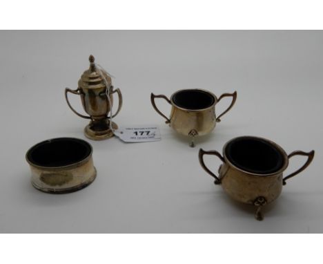 A lot comprising a pair of silver salts, Chester 1915, a silver pepperette, Sheffield 1913 and an EP salt (4) Condition Repor