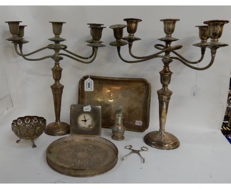 A tray lot of EP - pair of candelabra, clock etc Condition Report: Available upon request