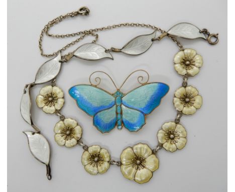 A large silver and enamel David Andersen butterfly brooch, a silver leaf bracelet and a further Danish silver and yellow enam