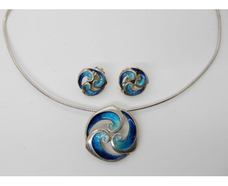 A silver and enamel Sheila Fleet pendant necklace and matching earrings Condition Report: Not available for this lot