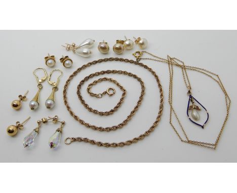 An 8ct gold rope chain stamped 333, an 8ct pearl, gem and enamel pendant with yellow metal chain and a collection of 8ct, 9ct