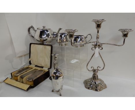 A tray lot of EP and silver - candelabrum, candlestick, tea service, cased silver brushes etc Condition Report: Available upo