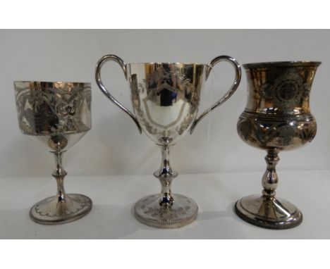 A lot comprising three silver plated trophy goblets, various inscriptions (3) Condition Report: Available upon request