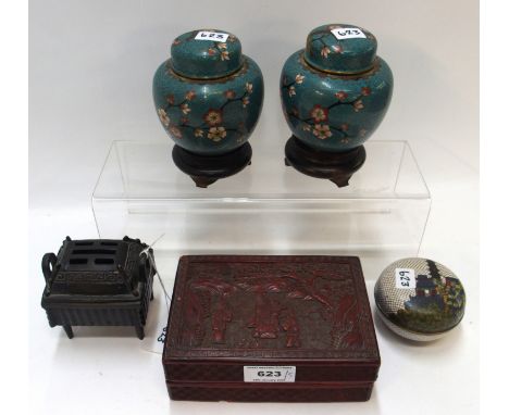 A pair of cloisonne jars and covers, a pot and cover, a cinnabar box and cover and a bronze koro Condition Report: Available 