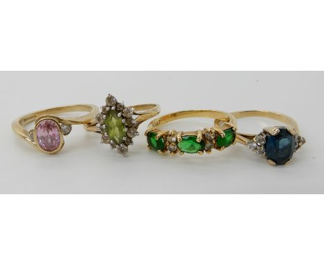 A 9ct peridot and clear gem set ring size P1/2, 9ct pink and clear gem set ring size P1/2 and another 9ct gem set ring and on