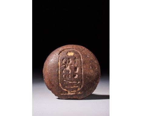 Amarna Period, Ca. 1353 - 1336 BC.A wooden terminal with a large discoid-shaped top engraved and gold-inlaid cartouche with t